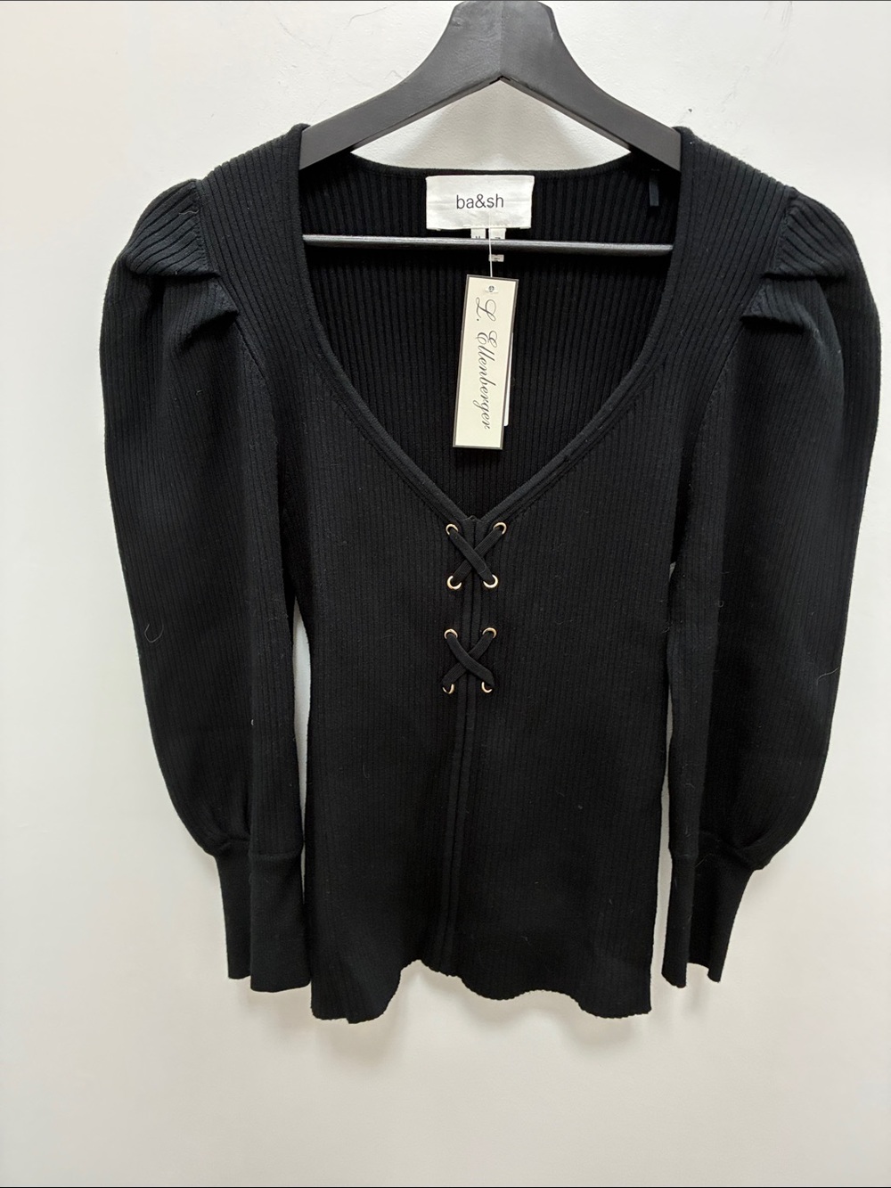 ba&sh Black Ribbed V-Neck Lace-Up Sweater